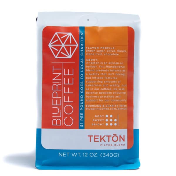 A 12-ounce bag of Tektōn blend coffee beans roasted by Blueprint Coffee.