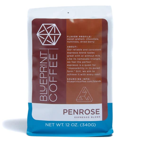 A 12-ounce bag of Penrose Espresso Blend coffee beans roasted by Blueprint Coffee.