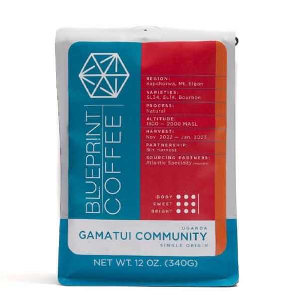 A 12-ounce bag of coffee beans from the Gamatui Community in Uganda. The package is blue, red, and orange and features the Blueprint Coffee logo.