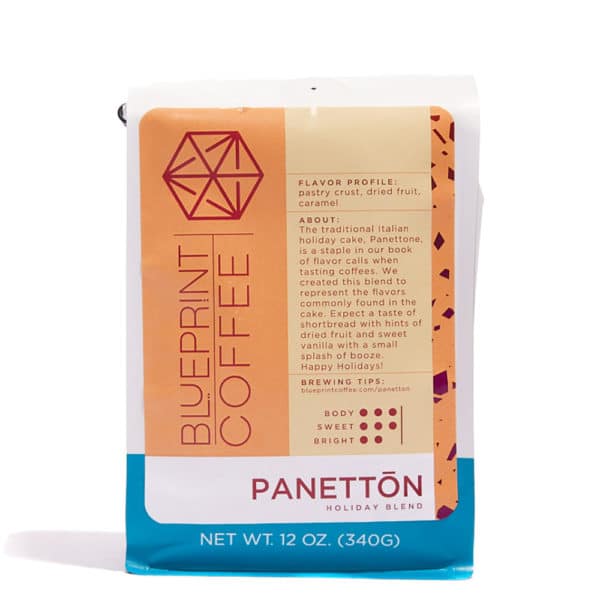 A 12-ounce bag of Panettōn Holiday Blend coffee beans roasted by Blueprint Coffee.