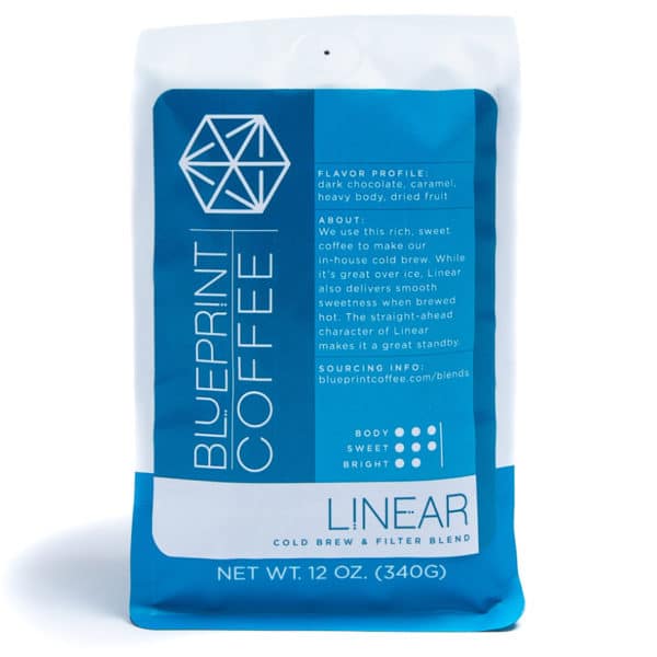 A 12-oz bag of Linear Cold Brew Blend coffee beans, roasted by Blueprint Coffee.